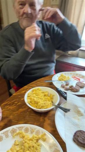 Not your typical Turkey day dinner… goetta, sausage, and eggs. Thanksgiving with Grandpa at 94 years young❤️ | Dawn Marie