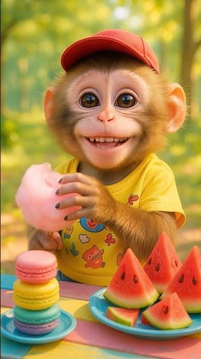 Adorable Baby Monkey Eating Cotton Candy & Bursting Into Laughter 😄🍭🐵✨
