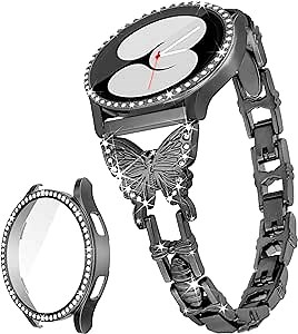 Butterfly Band Compatible with Samsung Galaxy Watch 4 5 FE Band-40mm with Screen Protector Case, 20mm Quick Release Women Diamond Cute Metal Slim Watch Band & Bling Protective Cover Case-Black