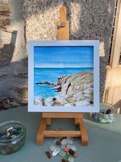 Cornwall Original Watercolour Painting of Land's End, With Cornish Sea Glass Pieces - Etsy Canada
