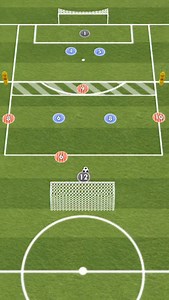 ⚽️👇 Activity Instructions 🗣️ This is a Rondo into Cutbacks Practice from thecoacheszone.com Drill Library. Play starts with a 4v2 rondo in the central area. The team of 4 in possession must complete a minimum of five passes before playing a pass into either of the two wide players positioned on the outside. Upon successfully passing the ball into the wide players, they will initiate a 3v2 attack, with the two wide players and the centre forward attacking against two defenders. If the defending