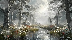 Download A serene night landscape with a full moon illuminating a calm river, surrounded by white flowers and silhouetted trees. The scene exudes tranquility and natural beauty. for free