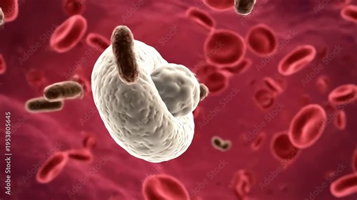 Microscopic view of a white blood cell engulfing bacteria surrounded by red blood cells in the bloodstream