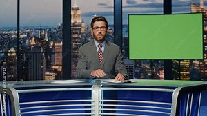 Man host point mockup screen talk evening news. Anchor broadcasting chroma key
