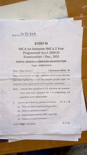 MCA 1st Sem Digital Design & Computer Architecture Question Paper 2025 #mdu #mca