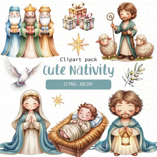 Cute Nativity Clipart Set – Christmas Nativity Scene PNG, Holy Family, Angels, Shepherds, Wise Men, Baby Jesus, Watercolor Christian Clipart - Etsy Portugal