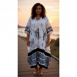 Gypsie Blu Women Black & White Tie Dye Long Kaftan Dress Plus Size Maxi Dresses