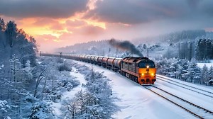 Download A train traveling through the snowy countryside for free