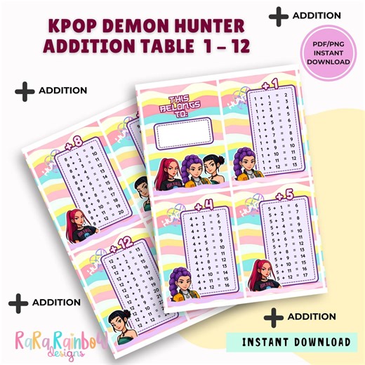 Kpop Demon Hunter Addition Table Flash Cards, Addition Printable Card, Plus    (PDF & PNG) - Etsy