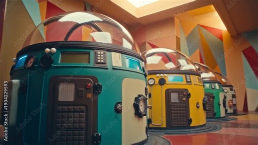 A 1960s retro-futuristic cosmodream chamber with bulky colorful stasis pods and analog gauges under warm optimistic lighting on a geometric pattern, concept of optimistic space age retrofuturism