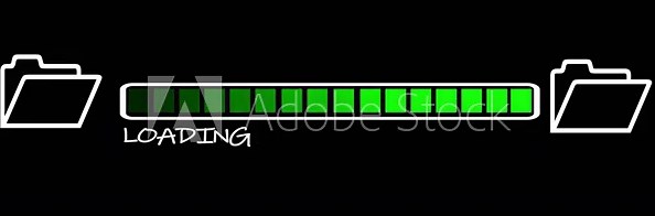 Document file downloading or transfer process with progress bar and loading text icon animation. Fast file transfer, quick torrent of copying data from folder to folder on black background.