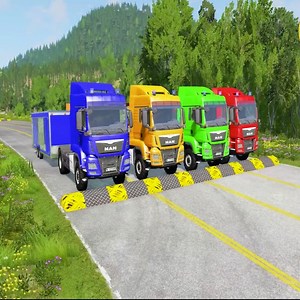 Flatbed Trailer Cars Transportation with Truck - Speedbumps vs Cars vs Train #BeamNG.Drive #94 | N-Gaming