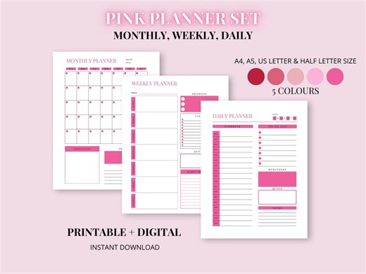 Pink Planner Set | Monthly, Weekly, Daily | Printable   Digital Use - Etsy