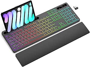 Wireless Keyboard with 7 Colors & 4 Modes RGB Backlit, Ergonomic Keyboard with Wrist Rest, Phone Tablet Holder, 2.4G Light Up Computer Keyboard with Numeric Keypad for Mac, Windows