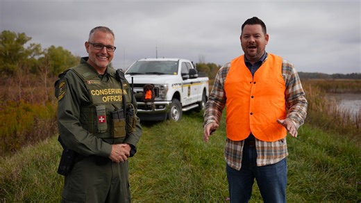 Orange you glad to be hunting this season? Watch Mike Harris, Minister of Natural Resources talking to Conservation Officer Ron Arnold about hunting safely. Remember, licensed hunters must wear solid hunter orange during gun seasons for deer, elk or moose. Hunter orange must: - cover minimum 400 square inch garment above waist - be visible from all sides - be solid (no camo or mesh) - include head cover, like a ball hat or toque Find full details on page 28 of the Ontario Hunting Regulations Sum