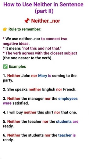 Neither..Nor With Examples | How to Use Neither..Nor in English #ielts #english #grammar #shorts