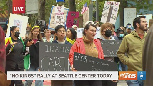 Protesters marched through downtown Seattle during the No Kings protest Oct. 18, 2025. | KING 5