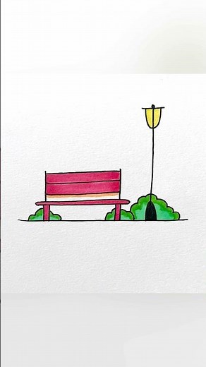 Easy scenery drawing with bench and lamp post | Simple drawing tutorial for beginners #ytshorts