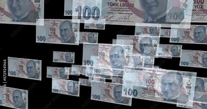 Turkish Lira 100 TRY banknote loop. Flying between transparent money Turkey note. 3D seamless looped abstract concept of business, economy, finance, crisis and banking.