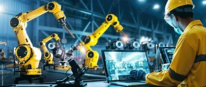Engineer Controls Robotic Arms in a Modern Factory: Advanced Automation and Technology in Manufacturing. Industry 4.0, Robotics, Engineering Concept.