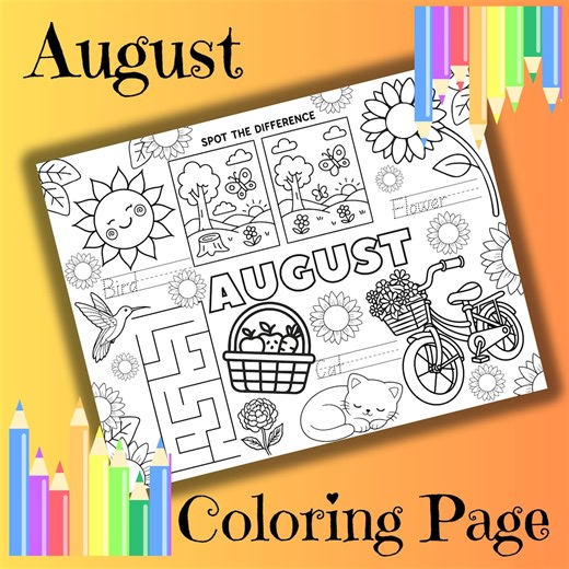 August Coloring Page for Kids, Summer, Placemat Printable Activity, Months of the Year - Etsy Canada