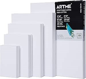 ARTME Stretched Canvas Muti Pack for Painting, 4x6, 6x8, 8x10, 10x12, 12x14 (2 of Each) Set of 10, 8oz Primed Acid-Free 100% Cotton, Ideal Painting Canvas Suitable for Acrylic and Oil Paints