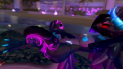 Purple lady enjoying herself in a seemingly private pool