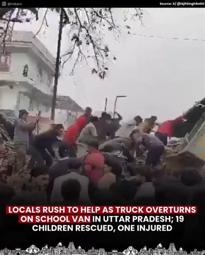 INDIANS on Instagram: "A major accident was narrowly avoided in Mohammadi, Lakhimpur Kheri, when an overloaded sugarcane truck overturned onto a school vehicle on Thursday morning. The Bolero was carrying children to Satya Public School when the truck fell on it near the Suwatali turn. Without waiting for police or officials, locals and shopkeepers rushed to help. They broke the windows and pulled the children out safely. Nineteen children escaped without injury due to the driver’s alertness. A 