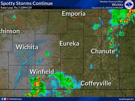 [8:27pm Radar Loop]: Spotty hit-or-miss showers and storms continue to fester over southeast Kansas, and could persist well past sunset. Isolated strong wind gusts, heavy rain, and occasional lightning will accompany the strongest activity. | US National Weather Service Wichita Kansas