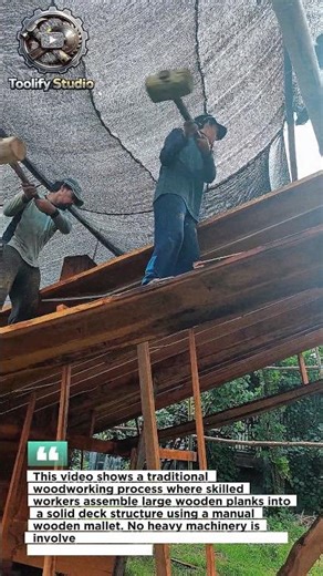 Traditional Wooden Deck Assembly Using Manual Mallet | Skilled Carpentry in Action.
