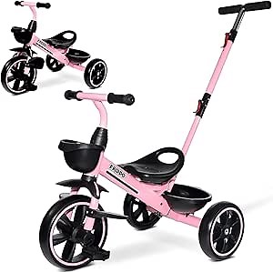 KRIDDO 2-in-1 Toddler Tricycle for Ages 18 Months to 5 Years Old - Extended Push Handle for Effortless Push, Gift Trike for Toddler 3 to 5 Year, Kids Tricycle with Foldable Front Footrest, Pink