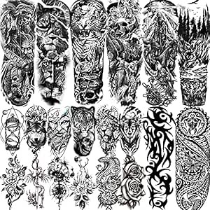 20 Sheets Extra Large Full Arm Temporary Tattoos For Men Adults, Tiger Snake Leopard Lion King Temporary Tattoos Sleeve For Women, Temp Waterproof Fake Tattoo Stickers For Kids Warrior Tatoos