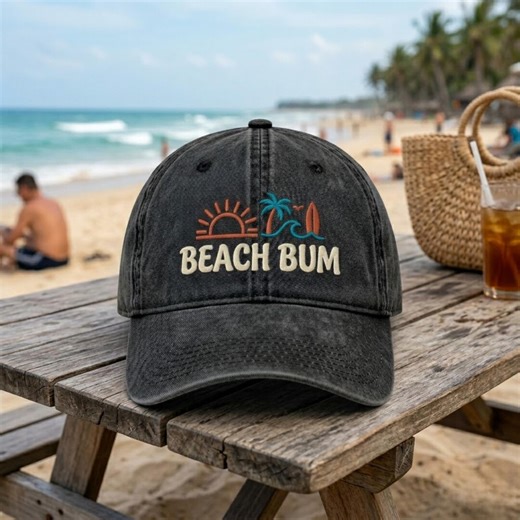 Embroidered Beach Bum Dad Hat, Coastal Summer Cap, Funny Beach Hat, Ocean Vacation Baseball Cap, Tropical Sun Surf Hat - Etsy