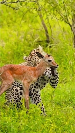 "Leopard Saves Baby Deer from Hyena 😱 Unbelievable Tree Escape!"