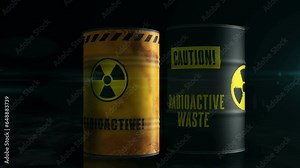 Nuclear radioactive waste barrels in row concept. Danger radiation pollution industrial metal containers.