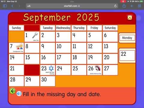 Starfall Daily Calendar - September 22, 2025 (Fall Equinox) (First Day of Fall)