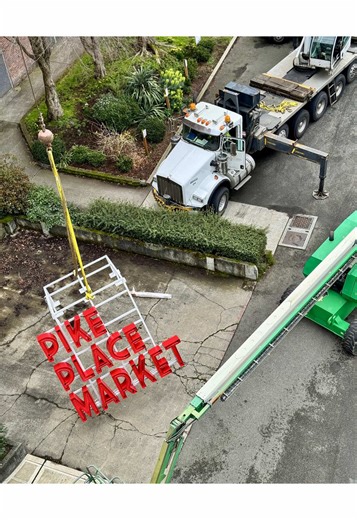 What sign is this ⁉️✨ On Thursday, we installed a brand-new Pike Place Market neon sign, the first new large neon sign at the Market in nearly 100 years. Standing 16 feet tall and mounted almost six stories high, the sign is now visible to drivers, ferry riders, and visitors along the Waterfront. Its purpose is simple: to welcome guests and let everyone approaching know they’ve arrived at the right place. What do you think of the newest addition to the skyline? #pikeplacemarket #seattle #sign