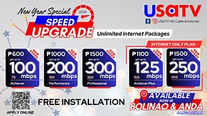 𝗡𝗲𝘄 𝗬𝗲𝗮𝗿, 𝗡𝗲𝘄 𝗦𝗽𝗲𝗲𝗱 𝗨𝗽𝗴𝗿𝗮𝗱𝗲! 🎉✨ Elevate your online experience with lightning-fast internet, exclusively here at USATV. Say goodbye to lag and hello to a year filled with seamless connectivity and blazing speed! 💻🚀 #newyearnewspeed #usatvinternet #LightningSpeed 𝘼𝙫𝙖𝙞𝙡𝙖𝙗𝙡𝙚 𝙉𝙤𝙬 𝙞𝙣 𝘽𝙊𝙇𝙄𝙉𝘼𝙊 & 𝘼𝙉𝘿𝘼! A TREAT TO ALL EXISTING SUBSCRIBERS. ✅ Just restart your modem. ✅ Enjoy your upgraded speed plans. FREE INSTALLATION FOR ALL NEW SUBSCRIBERS. For Online A