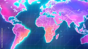 Animation of a futuristic computer screen displays a holographic world map on internet with countries and continents. It suggests geostrategy, conspiracy theories, travel and global plans