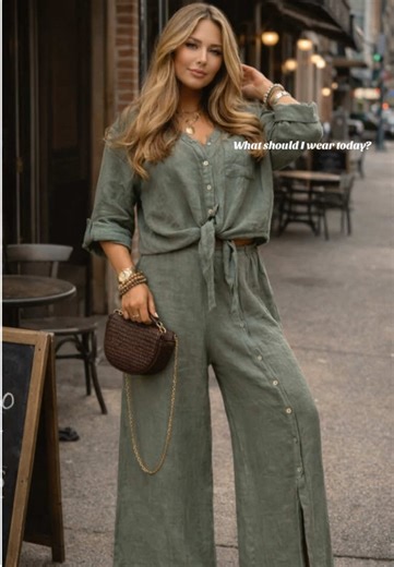 Women's Long Sleeve Loose Fit Shirt Set with Tie Hem, Single Button Decorated Wide Leg Pants, Casual All Season Outfit#ootd #womenfashion #tiktokshop #clothes #suit