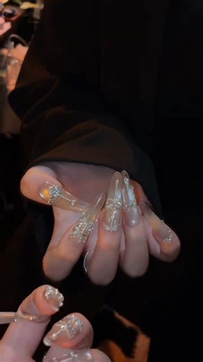 Luxury Crystal Rhinestone Stiletto Nails ✨ | Nude Transparent Acrylic Nail Design