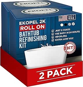 Ekopel Roll On Bathtub and Tile Refinishing Kit - Odorless Ultra Durable Bright White Gloss - 2 Coat Easy Paint On Application - Made in The USA - White Bathtub With Surround Size Kit