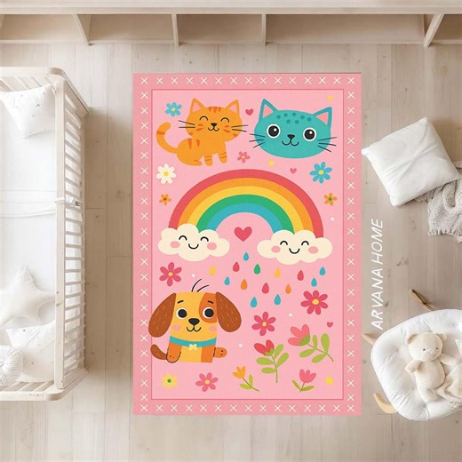 Rainbow Cat and Dog Kids Rug: Pink Nursery Play Mat, Washable - Etsy