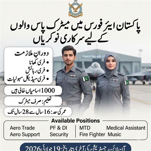 Pakistan Air Force Jobs July 2026 | PAF Matric Pass Jobs 2026 | 1000 Vacancies |