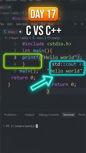 Day 17 🔥 C vs C++ Program Explained #cprogramming #shorts