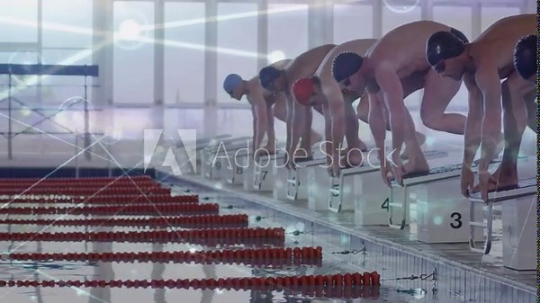 On start signal six male swimmers pushing blocks and diving, overlay highlighting splash for racing