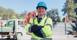 Man, face and arms crossed, construction and architect outdoor, building site and engineering with maintenance. Confidence, portrait and professional builder, architecture and contractor with smile
