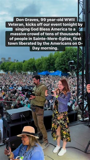 Don Graves, 99 year-old WWII Veteran, kicks off our event tonight by singing God Bless America to a massive crowd of tens of thousands of people in Sainte-Mere-Eglise, first town liberated by the Americans on D-Day morning. #dday #NormandyTrip #WW2History #NormandyInvasion #DdayAnniversary #WW2Travel #NormandyBeaches #DdayLandings #WW2Normandy #NormandyTour #DdayMemorial #WW2Sites #NormandyHistory #Dday75 #WW2Traveler #NormandyBattlefields #DdayTour #WW2Remembrance #NormandyExperience #DdayHisto