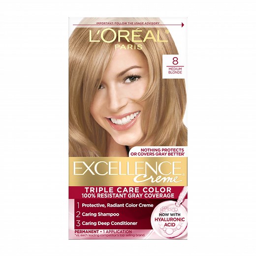 L'Oreal Paris Excellence Creme Permanent Triple Care Hair Color, 8 Medium Blonde, Gray Coverage For Up to 8 Weeks, All Hair Types, Pack of 1