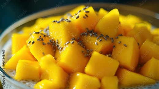 Yummy, colorful fruit salad in a bowl topped with chia seeds and drizzled with honey, ready to be enjoyed.